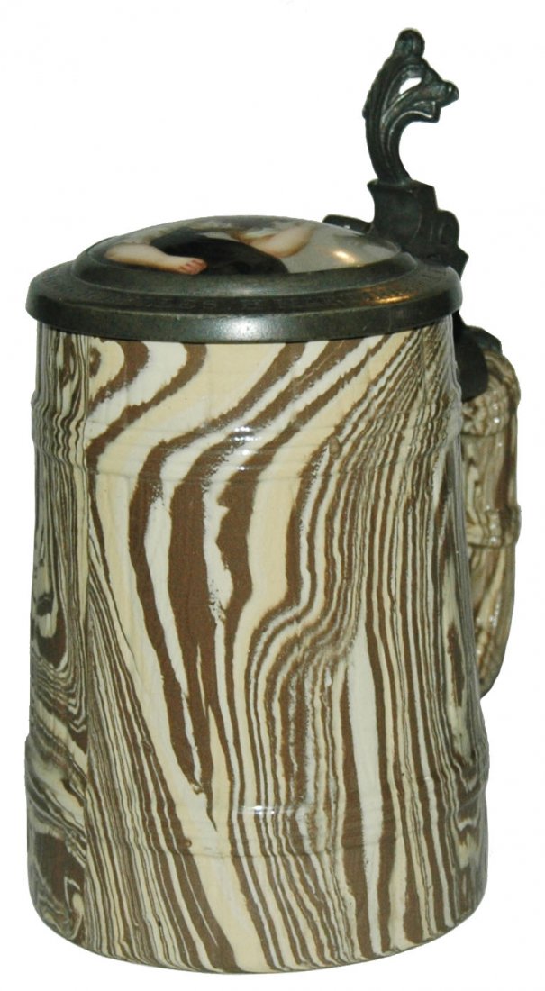 Woodgrain Design Sarreguemines Pottery Stein: Pottery Sarreguemines 1/2L. Woodgrain design. Inlay lid. Mint.