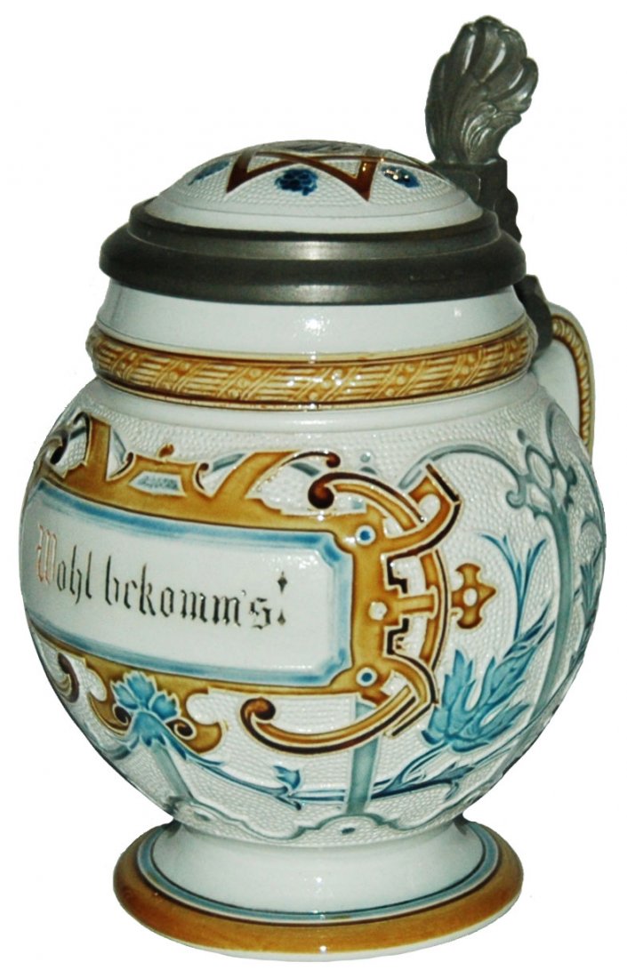 Floral Mosaic Mettlach Stein w Inlay Lid (1 of 1)