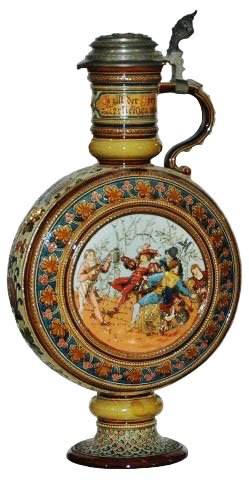 Canteen Shaped 5L Mettlach Stein w Cavalier Scenes (1 of 2)
