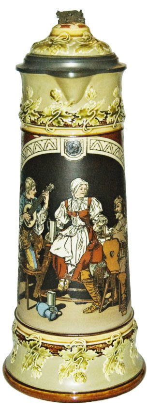 3L Mettlach Stein w Bar Pub Scene & Inlay Lid (1 of 1)
