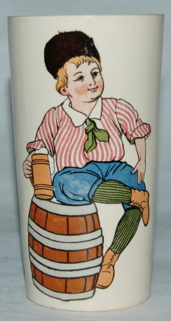 Boy on Barrel Mettlach Beaker: Mettlach #2327/1232 PUG 1/4L Beaker. Boy on barrel. Flake.