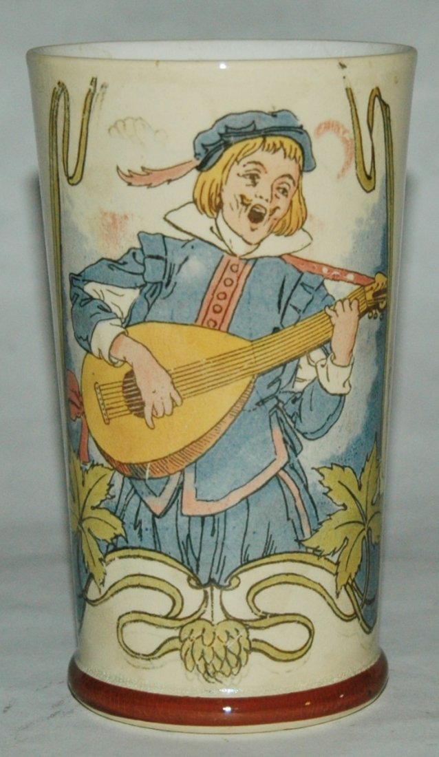 Mandolin Player Mettlach Beaker: Mettlach #2368/1093 PUG 1/4L Beaker. Mandolin player.