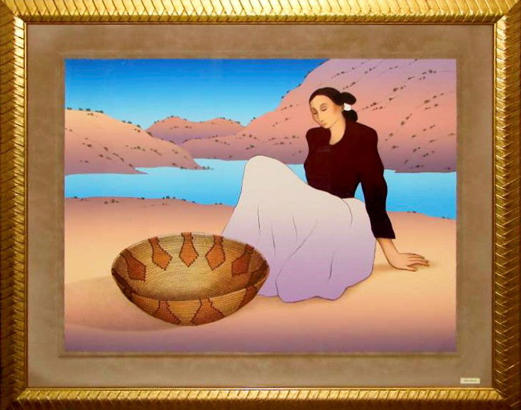 RC Gorman S/N Lithograph "Woman From San Juan": Gorman, R. C. (Native American, 1931-2005) "Woman From San Juan" Lithograph; framed, lithograph is float mounted, paper measures approximately 27 ½" height by 35 ¾" width; 1991. Signed and dated low