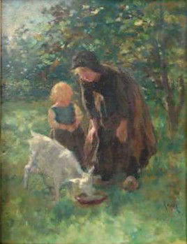 Jacobus Kever Oil Painting Ca 1920: Kever, Jacobus Simon Hendrik (Dutch, 1854-1922). "Feeding the Goat" Oil on canvas; canvas measures 19 1/4" height by 14 1/2" width. On back: "Feeding the Goat by J. S. H. Kever"; "Dutch School"; "Pres