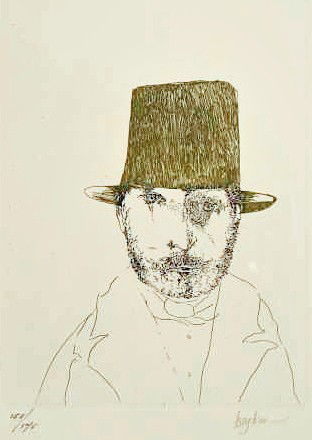 Leonard Baskin Etching: Baskin, Leonard (American, 1922-2000). "Green Hat" Etching; plate impress measures 8 3/4" height by 5 5/8" width; paper measures 13 7/8" height by 10 3/4" width; frame measures 17 1/2" height by 13 3/