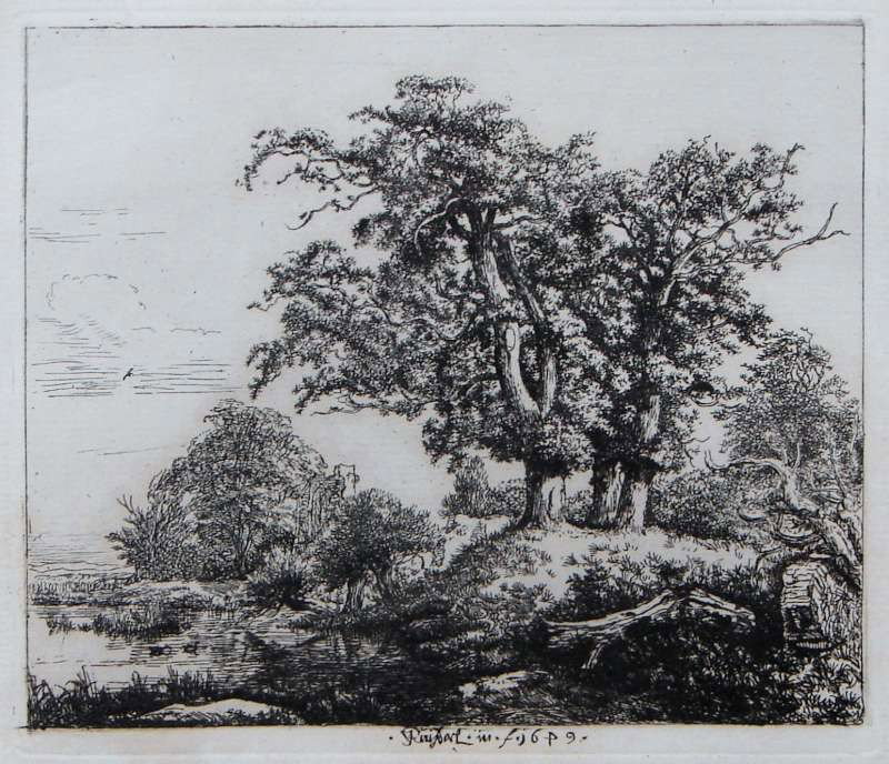 Ruisdael "The Three Oaks" Etching: Ruysdael, Jacob Isaakzoon Van (Dutch, 1628-1682) "Die Drei Eichen" (The Three Oaks) Etching. Dated 1649.
