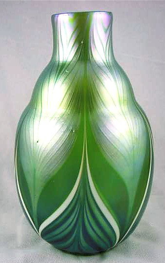 2 Early Orient & Flume Art Glass Vases: Two (2) early Orient & Flume art glass vases, the first in green with pulled feather design measuring 8 1/2" height and signed and dated 1979 July 29; the second in iridescent blue measuring approxima