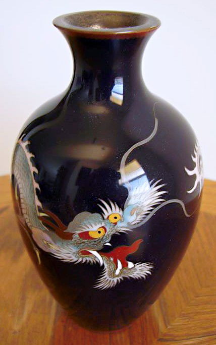 Circa 1900 Meiji Japan Cloisonne Dragon Vase: An extremely well detailed cobalt blue Japanese Meiji period cloisonné vase with a dragon encircling the center. 4 3/4" height.