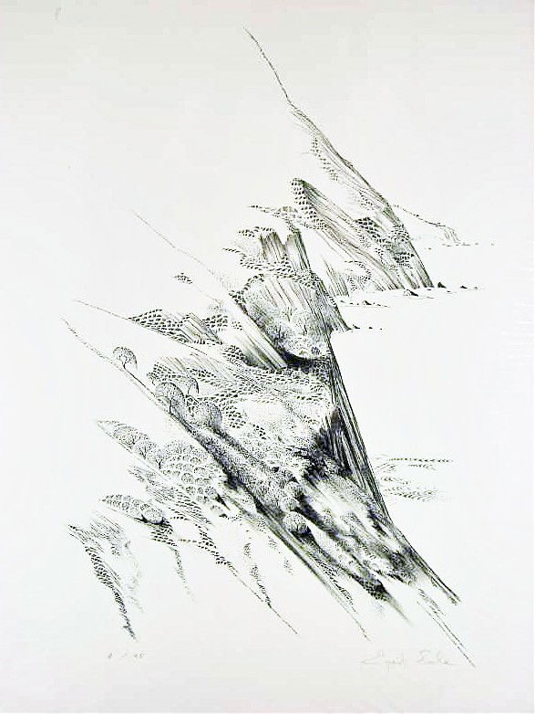 Eyvind Earle S/N Print: Eyvind Earle Coastal scene signed lower right and numbered "8/45" 26" height by 20" width.