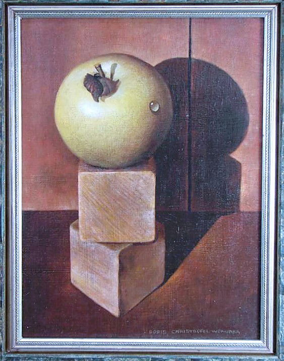 Doris Wokurka Oil Painting Still Life Signed: Wokurka, Doris C. (American, Wisconsin, 1929-1986) Untitled (Trompe L'Oiel: Still Life With Apple) Oil painting on board. Signed lower right "Doris Christofle Wokurka" The painting measures approximat