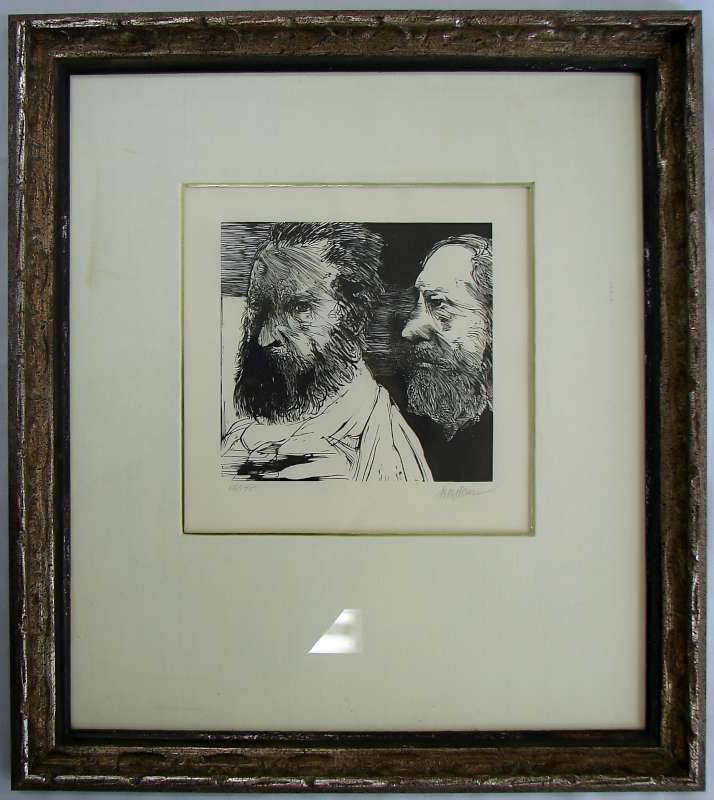 Leonard Baskin Etching: Baskin, Leonard (American, 1922-2000). Etching of two men's faces. 18" height by 16" width. Signed lower right and numbered lower left "56/175".