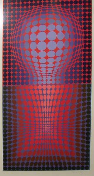 Signed Vasarely Lithograph Arcay Denise Rene: Vasarely, Victor (France, 20th Century) Signed orignal lithograph measuring (the printed surface) 39 1/4" height by 16 1/2" width. Framed. The frame measures approximately 50" by 27" Perfect condition