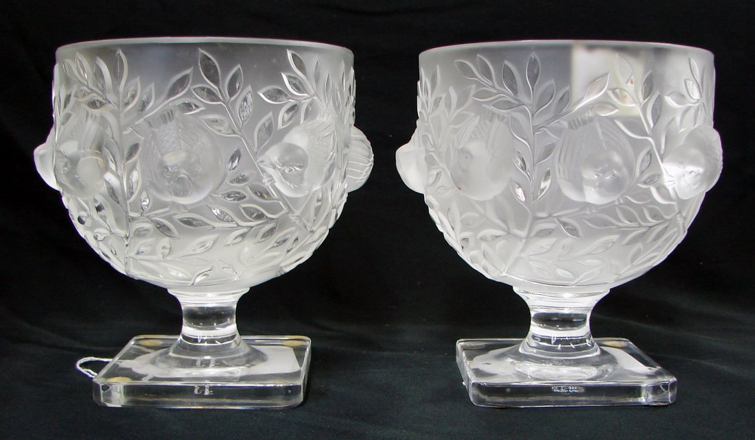 2 Lalique Elisabeth Vases: Elisebeth vases - Lot of two (2) - by Lalique (Paris) Decorative Glass dishes with birds carved in relief. Signed "Lalique France" 5 1/2" height by 5 1/2" width.