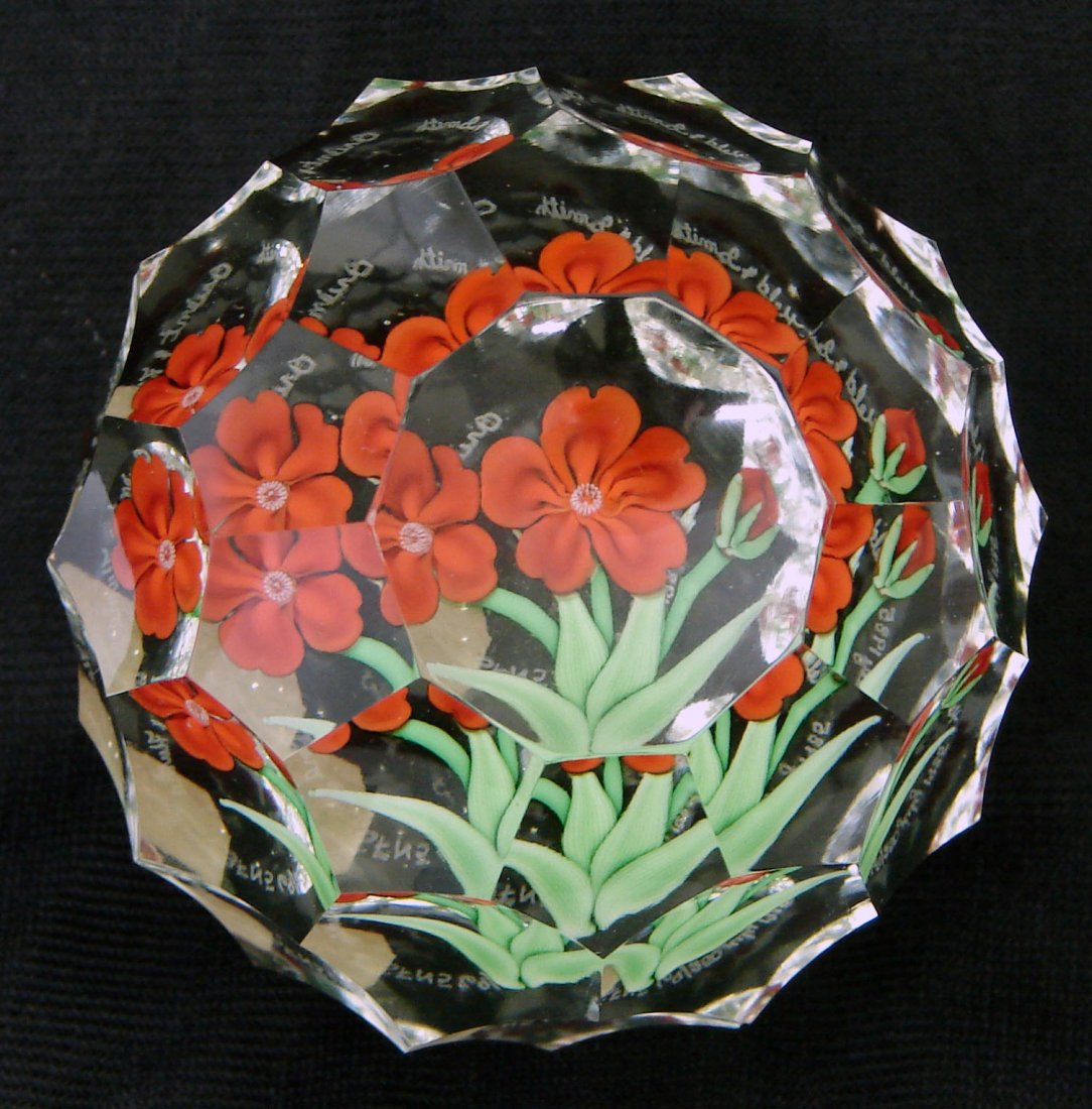 Orient Flume LE Paperweight Wild Roses 1985: Orient and Flume Paperweight from 1985 Limited edition: 69 of 250 Signature cane and date "OF 1985" on back of flower. Numbered on bottom: "Held & Smith Orient & Flume SFN 5 69/250 July 1985". Descrip