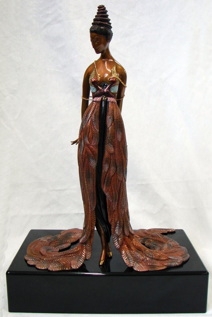 Erte Bronze "Feather Gown" LE Sculpture: Erte AKA Romain de Tirtoff (French 1892-1990) "Feather Gown" (Golden Chain and Separate Black Plastic Base) Bronze Sculpture. 20" height by 13 1/2" width. Signed and numbered "AP 6/37" on gown.