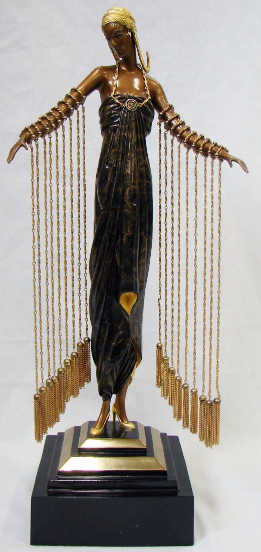 Erte "Zobeide" Bronze Sculpture 1990 Chalk Vermili: Erte AKA Romain de Tirtoff (French 1892-1990) "Zobeide" (Female Figure with Golden Tassels) Bronze Sculpture. 21" height by 9" width; 1990. Signed and numbered on base: "© 1990 Chalk & Vermilion & Se
