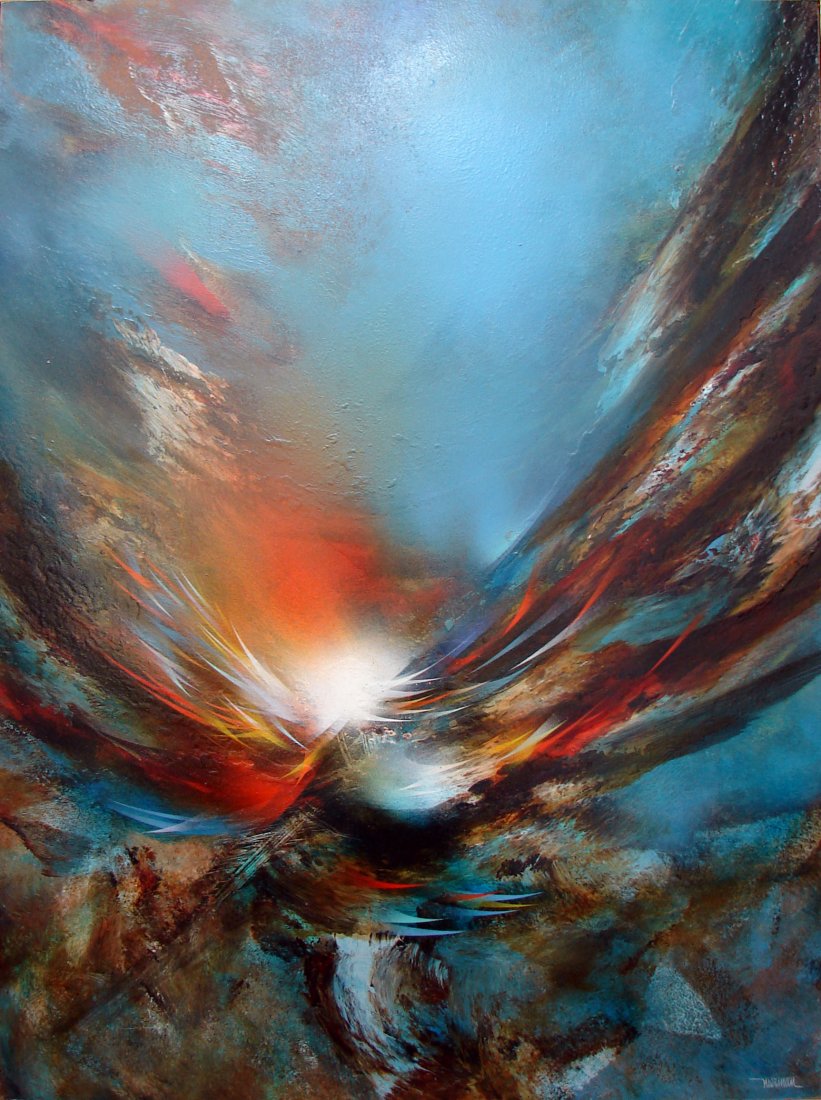 Leonardo Nierman Painting "Flight Mist": Nierman, Leonardo (Mexican 1932 - ) "Flight In The Mist" Acrylic on masonite. 48" height by 36" width; undated. Signed in lower right and titled written on back.