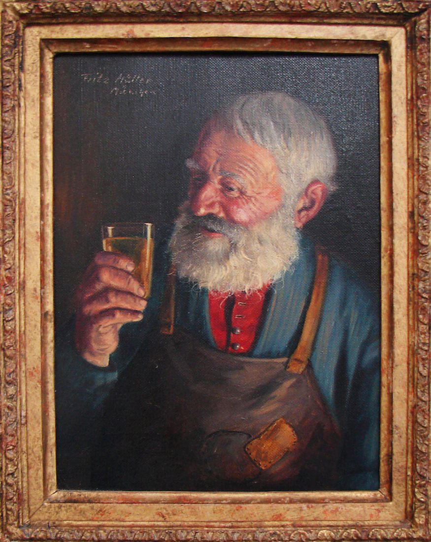 Fritz Muller Oil Canvas Signed Cheerful Libations: Muller, Fritz (German 1879-1957) Untitled (Man with a Drink) Oil on canvas. 9 3/4" height by 7 1/4" width; undated. Signed upper left.
