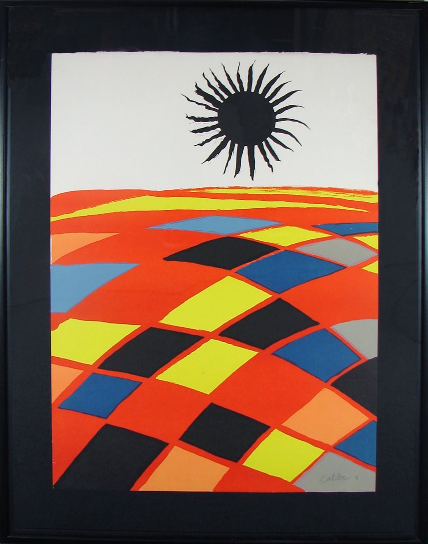 Calder Alexander "Black Sun" Lithograph: Calder, Alexander (American, 1898-1976) "Black Sun"(Sun Noir) 1969 Color lithograph measuring approximately 30 1/2" height by 22 1/2" width. Signed lower right. Not numbered.