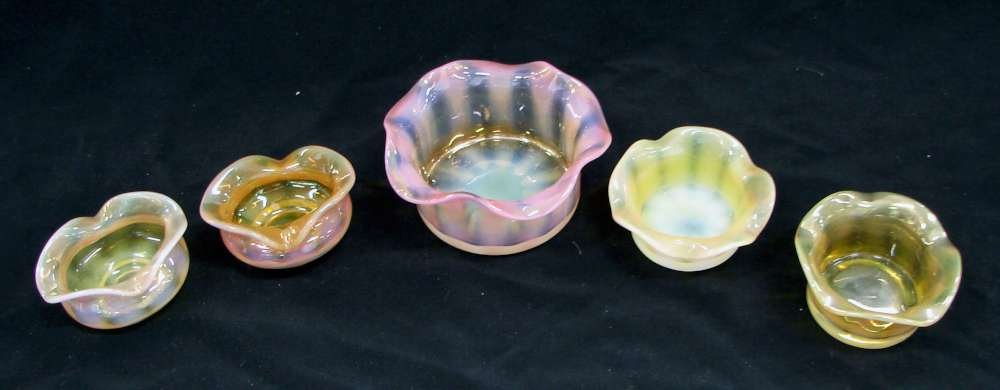 Five Dorflinger Glass Opaline Salt Dishes: Lot of five (5) including: one (1) Dorflinger opaline glass master salt cellar. 3 1/2" diameter; two (2) Dorflinger opaline glass circular salt cellars. 2 1/2" diameter; and two (2) Dorflinger opaline