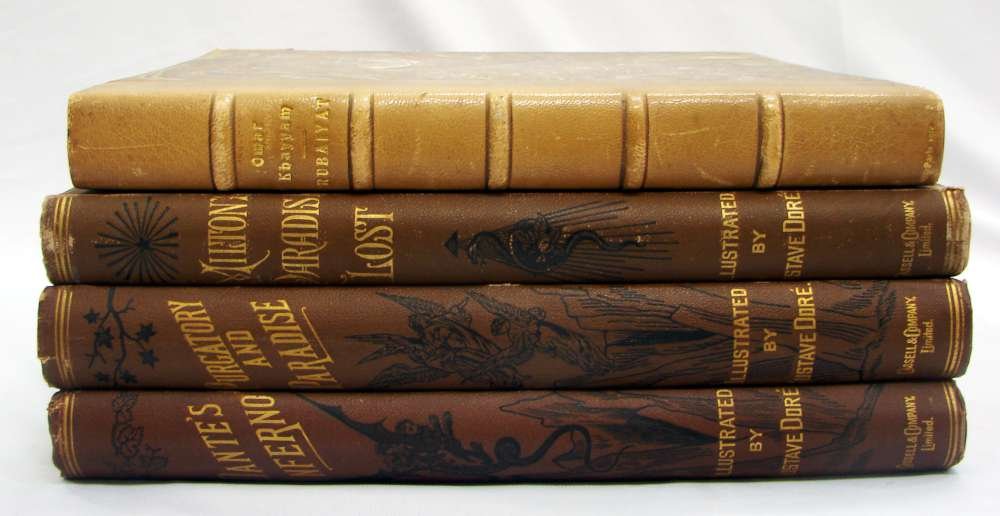Four Book Lot - Gustave Doré Purgatory, Paradise,: Three books based upon Dante's famous poetic cycle (Purgatory, Paradise, Inferno) illustrated by Gustave Doré and one illustrated copy of Omar Khayam