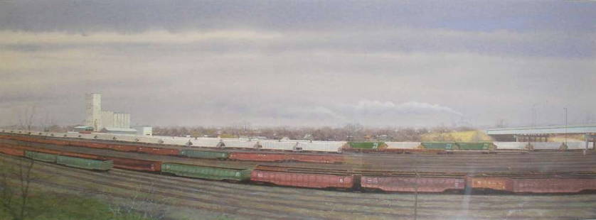 James Winn Acrylic Painting SWITCHING YARDS circa: James Winn (American, 1949 - ) "Switching Yards" Acrylic on paper measuring 14" height by 38" width. Signed "James Winn" lower right upon the front. No date. Circa 1980. With a label upon the back of