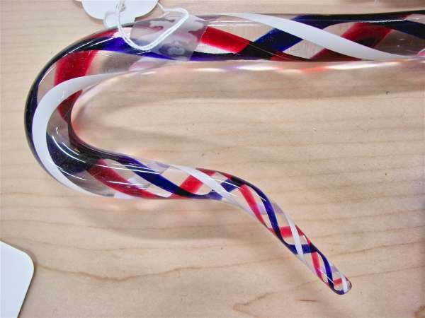 Glass Walking Stick or Cane BIG Red White Blue Gla: 50" red white and blue solid core glass cane or walking stick, American, circa 1900. The photographs include two photographs of all of the canes that we are auctioning - in these two photographs, all 