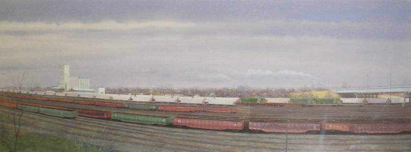 James Winn Watercolor Switching Yards Circa 1980 Americ: "Switching Yards" A watercolor painting by James Winn of a train switching yard, circa 1980, measuring 14" height by 38" width.