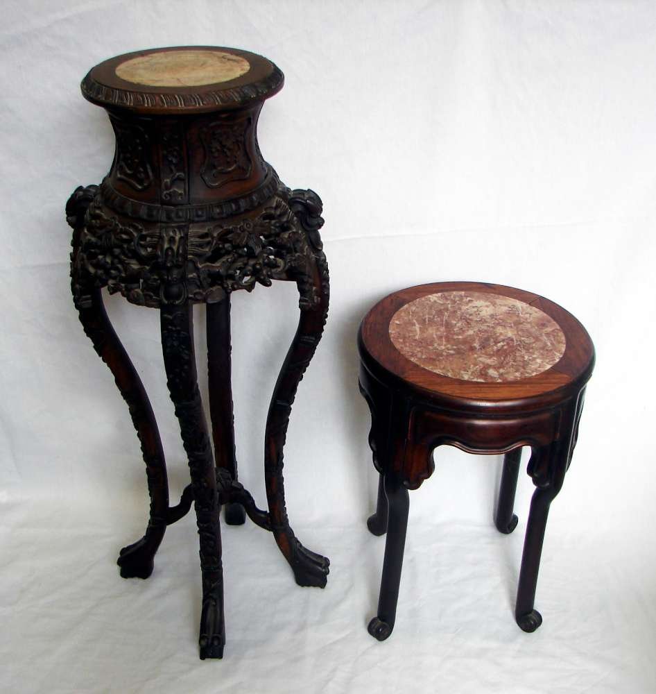 2 19th/20th Century Carved Chinese Stands: Carved Chinese stands (2), both late 19th / early 20th century, the taller measuring 37" height, the shorter 20" height (heights are approximate)