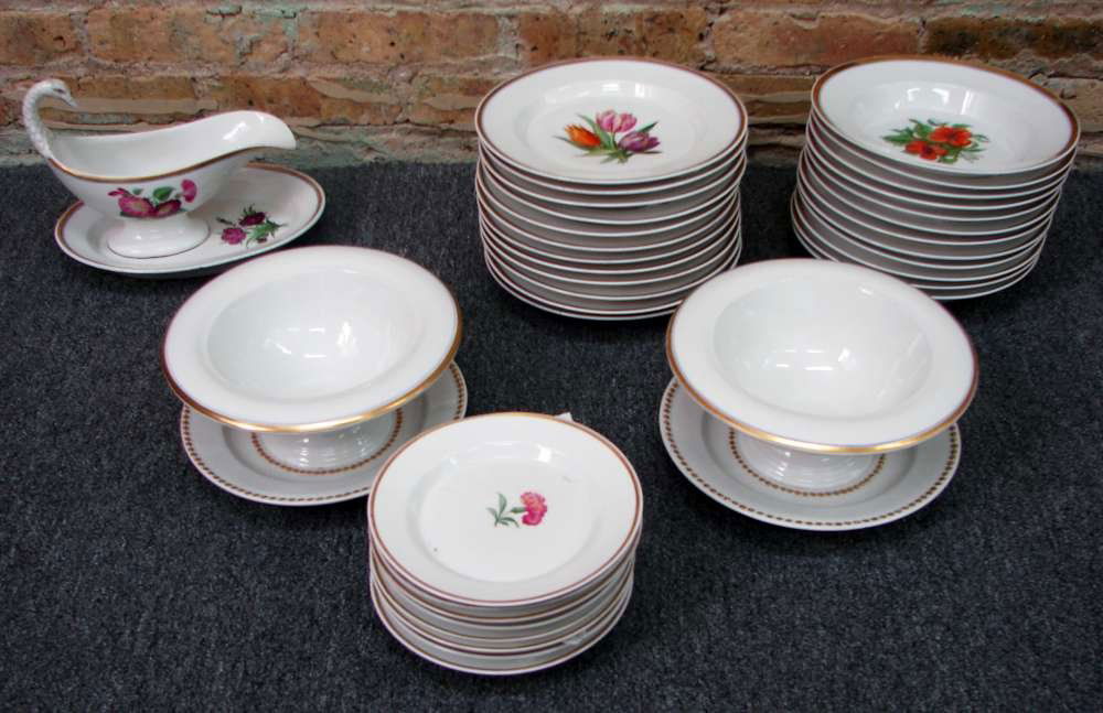 35 Piece Set 1830 KPM Royal Berlin Porcelain: Thirty five (35) piece set of Biedermeier period (circa 1830 to 1835) KPM / Royal Berlin porcelain with hand painted floral decorations. All pieces are fully marked with the KPM / Royal Berlin scepter