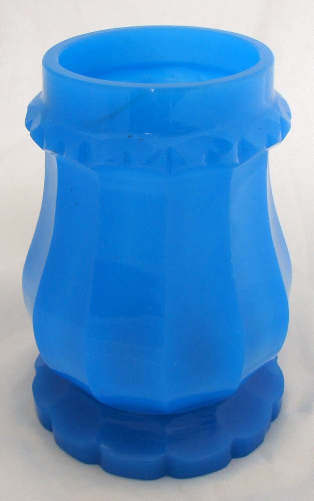 19th Century Bohemian Blue Opaline Glass Hand Cut Vase: Bohemian blue opaline glass vase with 12 faceted cut and polished panels; c. 1870. A few small chips. 7 1/8" height by 5 1/8" diameter.