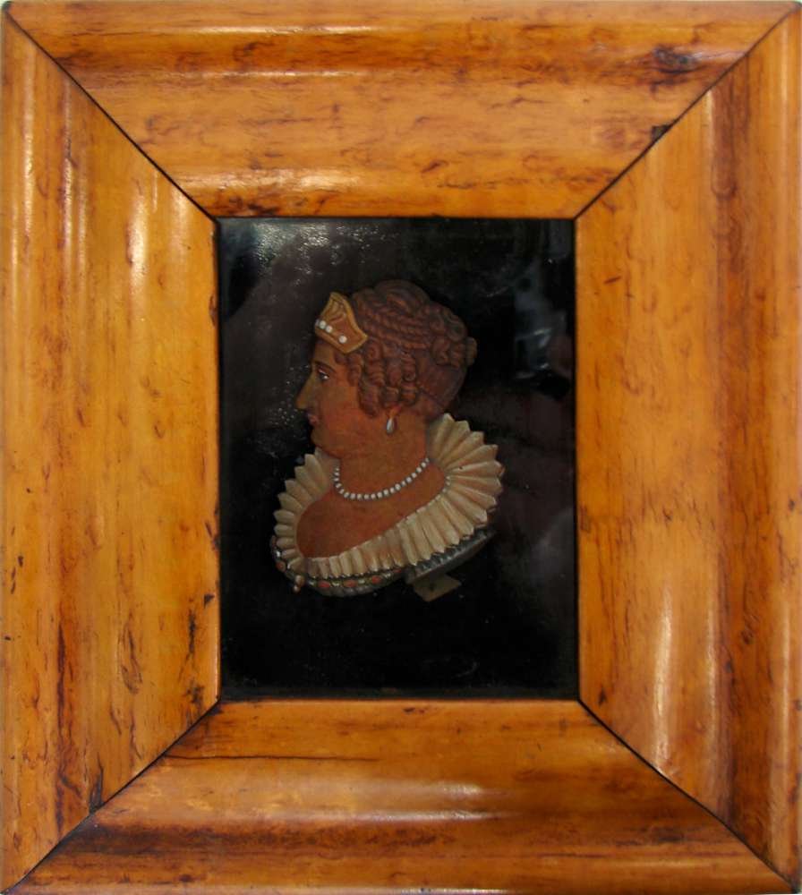 2 Framed Wax Portraits Circa 1800: Two framed wax portraits, a man and a woman, not an exact pair, both in maple frames, both early 19th century, one 7 1/2" x 6 1/2" and the other 6 1/2" x 6 1/4"