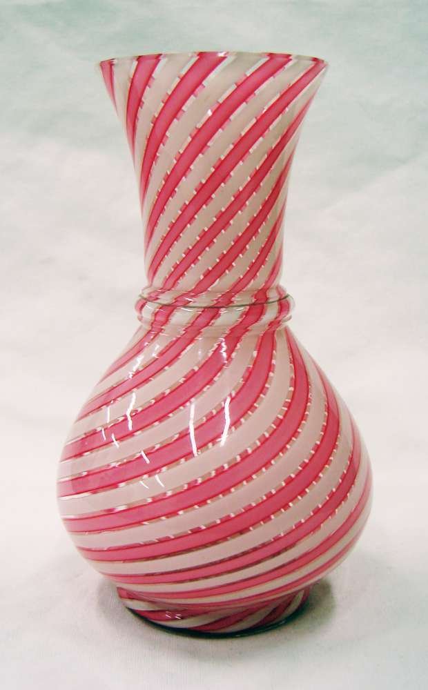 Clichy Circa 1840 Pink and White Thread Glass Vase: Pink and White Swirled Glass Vase. 6 1/2" height. Polished pontil.