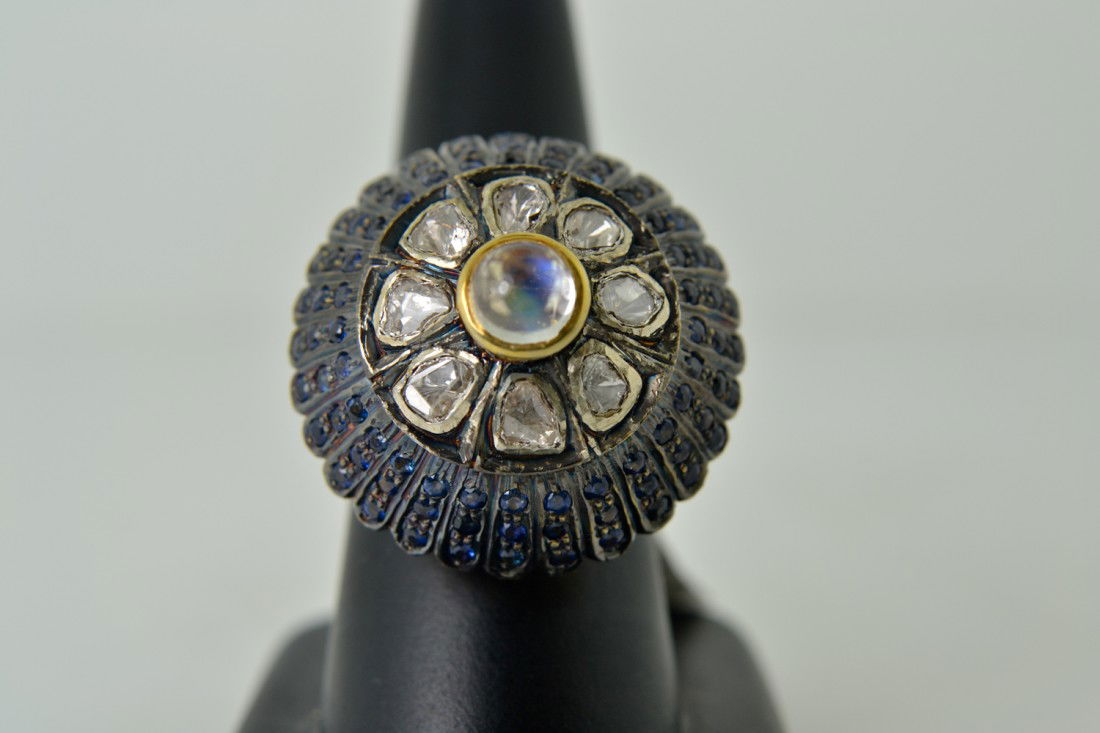 Moonstone, Sapphire and Diamond Ring Appraised Value $4: gold and silver moonstone, sapphire and diamond ring with 2.76ct colored stones surrounded by 0.40ct in diamonds