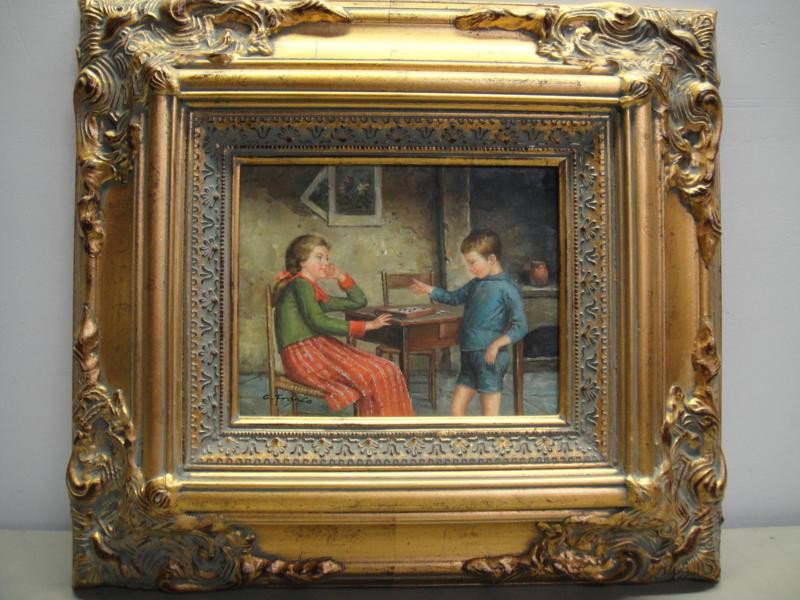 Framed Original oil painting by C. Franco: 19"" x 21"" Framed oil painting by C. Franco of a mother and child playing a board game and signed in bottom