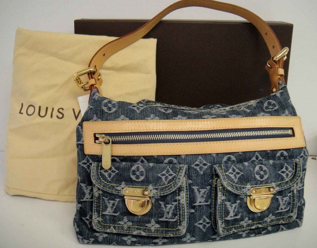 Genuine Louis Vuitton Denim Monogram Handbag: Guaranteed Louis Vuitton Denim Leather Monogram Handbag with Dust Bag and Original Retail Box. Approx. Size: 9"" H x 13"" W