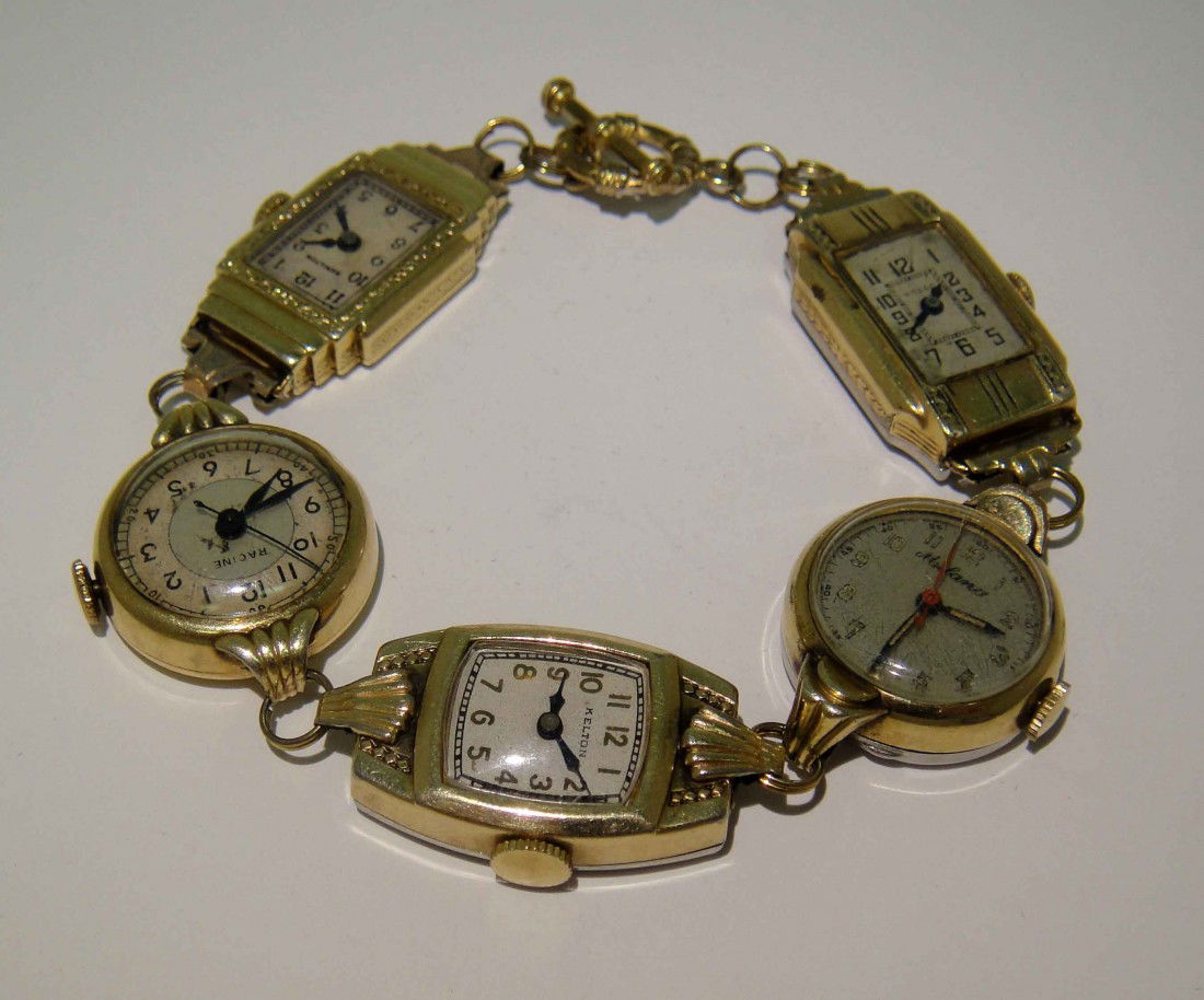 LADIES ANTIQUE 5 WATCH BRACELET - 5 VINTAGE WATCHES: This piece of jewelry will be a conversation breaker for years to come… Bracelet is made out of 5 vintage ladies watches - Rosco