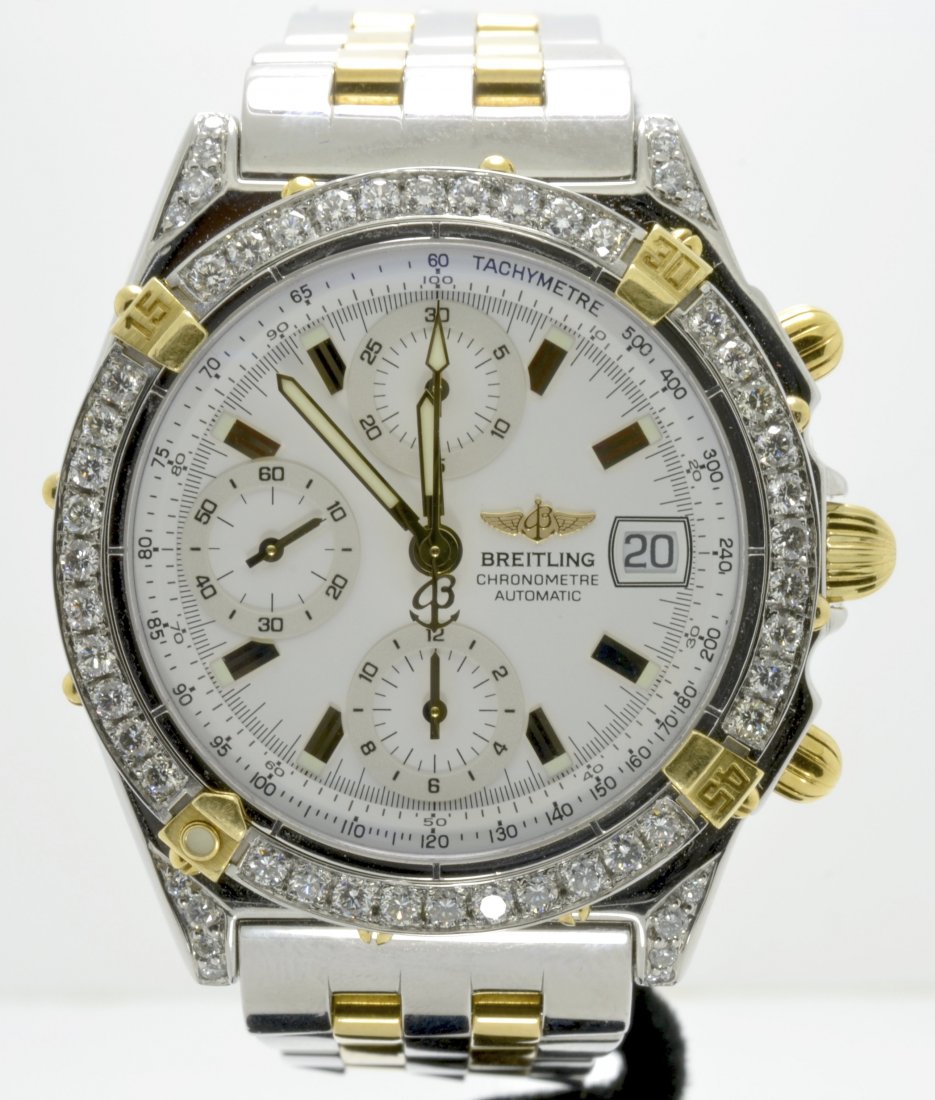 Breitling Two-Tone Wristwatch with Diamonds AV: $14,450: Breitling two-tone chronomat wristwatch with 1.76 ct of diamonds