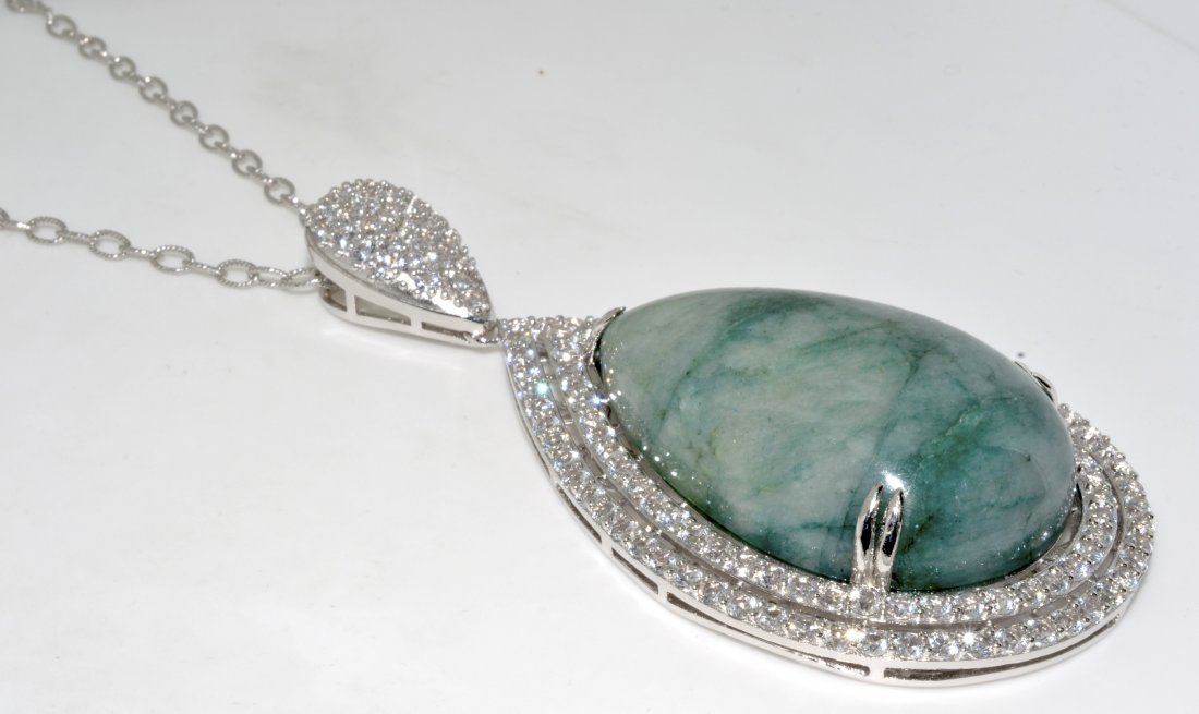 Green Beryl & Sapphire Necklace AV:$8,770: 925 silver necklace with 247.82 ct of green beryl and white sapphires K95J9