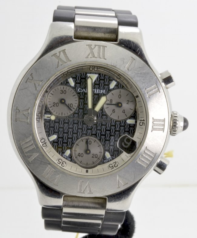 Cartier Watch: Cartier stainless steel chronograph watch (black strap) K39J93