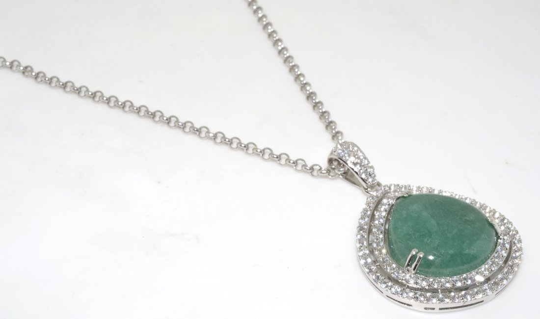 Green Beryl & Sapphire Necklace AV: $1,900: 925 silver necklace with 19.87 ct of dyed green beryl and white sapphires K34J5