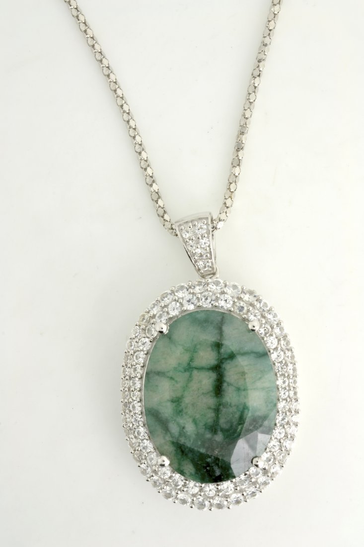 Enhanced Emerald & Sapphire Necklace AV: $8,522: Solid platinum plated over silver necklace with a 30.09 ct enhanced emerald (beryl) and 3.95 cts of excellent quality colorless sapphires K43J4