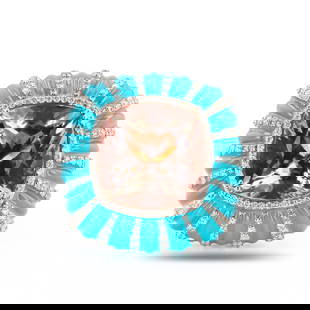 15.90ct Morganite and 1.94ctw Diamond 14K Rose Gold Ring with Blue Enamel: Fourteen karat (14K) rose gold natural morganite beryl and diamond ring. A cushion brilliant cut natural morganite beryl gemstone is mounted in the center of the ring. Round brilliant cut diamonds acc