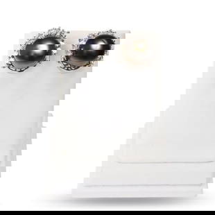 13.0mm Black Tahitian Cultured Pearl and 1.68ctw Diamond 14K White Gold Earrings: One pair eleetronically tested 14KT white gold ladies east and assembled tahitian cultured pearl and diamond earrings with standard backs. Condition is new, good workmanship. Each earring features a t