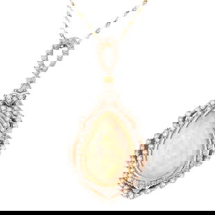 8.06ct Ethiopian Opal and 2.15ctw Diamond 14K Yellow Gold Necklace: One electronically tested 14KT yellow gold ladies cast & assembled opal and diamond pendant with chain. Condition is new, good workmanship. The pendant features an opal cabochon set within stylized di
