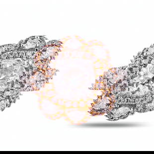 1.96ct I COLOR I1 CLARITY Diamond 18K White & Rose Gold Ring w/ Pink Diamonds: One polished, stamped, and tested 18K white and rose gold ring marked HANA. The ring is mounted with: 1 genuine diamond center stone weighing approximately 1.96 carat, 84 genuine round pink diamonds w