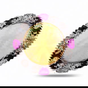 8.49ct Opal, 0.92ctw Pink Sapphire and 0.27ctw Diamond Platinum Ring: Platinum (PLAT) natural opal, pink sapphire corundum, and diamond ring. A round cabochon cut natural opal gemstone is mounted in the center of the ring. Triangular brilliant cut natural pink sapphire