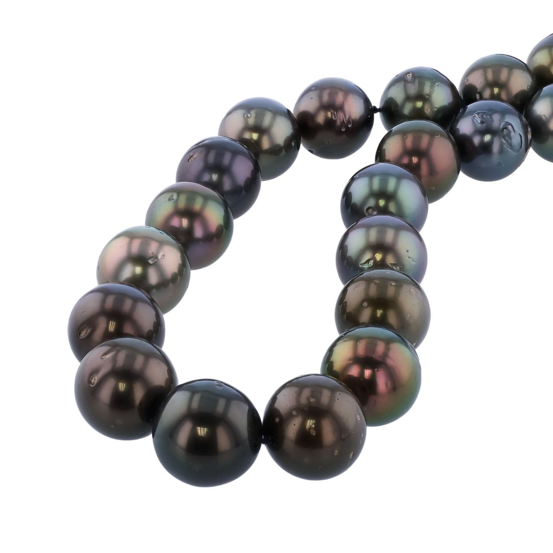 12MM to 14MM Tahitian Cultured Pearl and 0.35ctw Diamond 14K White Gold Necklace: One single strand graduated cultured pearl necklace finished with a 14K white gold plunger style tension lock bead clasp. The clasp is mounted with 56 genuine round diamonds weighing approximately 0.3
