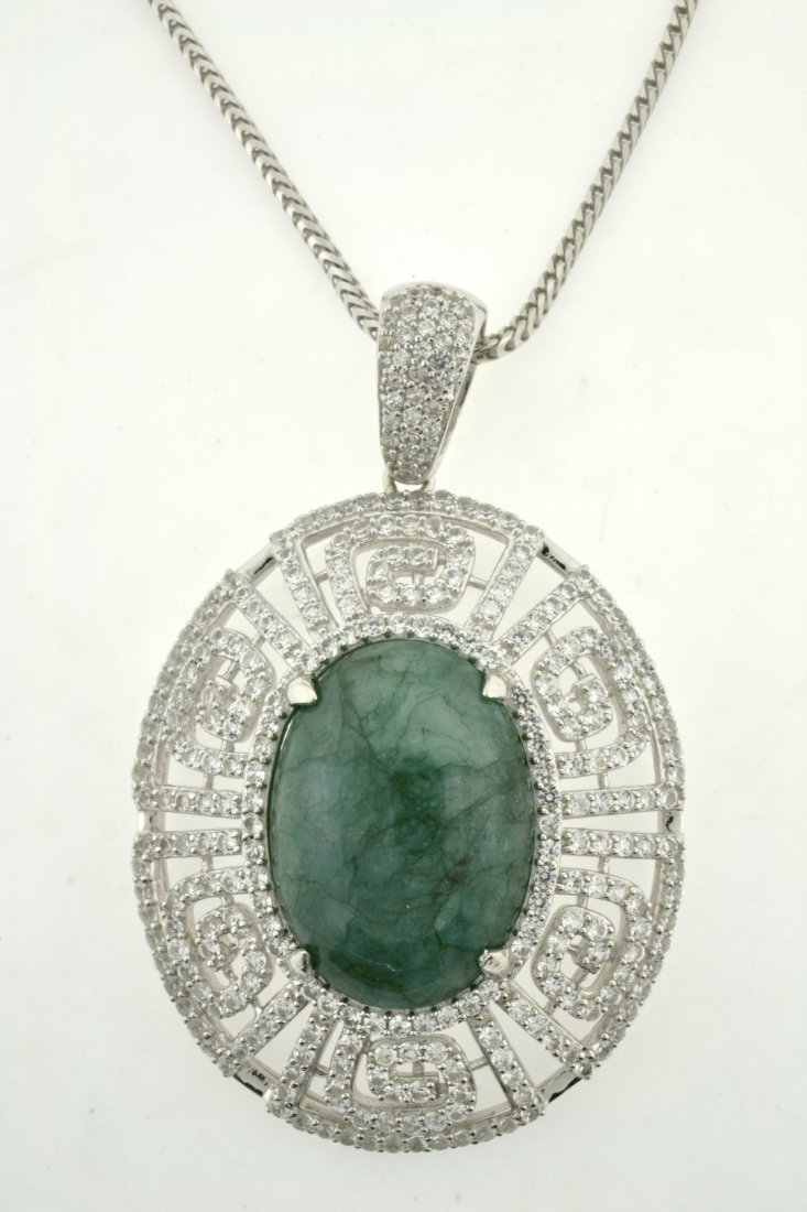 Green Beryl & Sapphire Necklace AV: $4,045: 925 silver necklace with 5.58 ct of white sapphires and 27.75 ct dyed green beryl K62J7