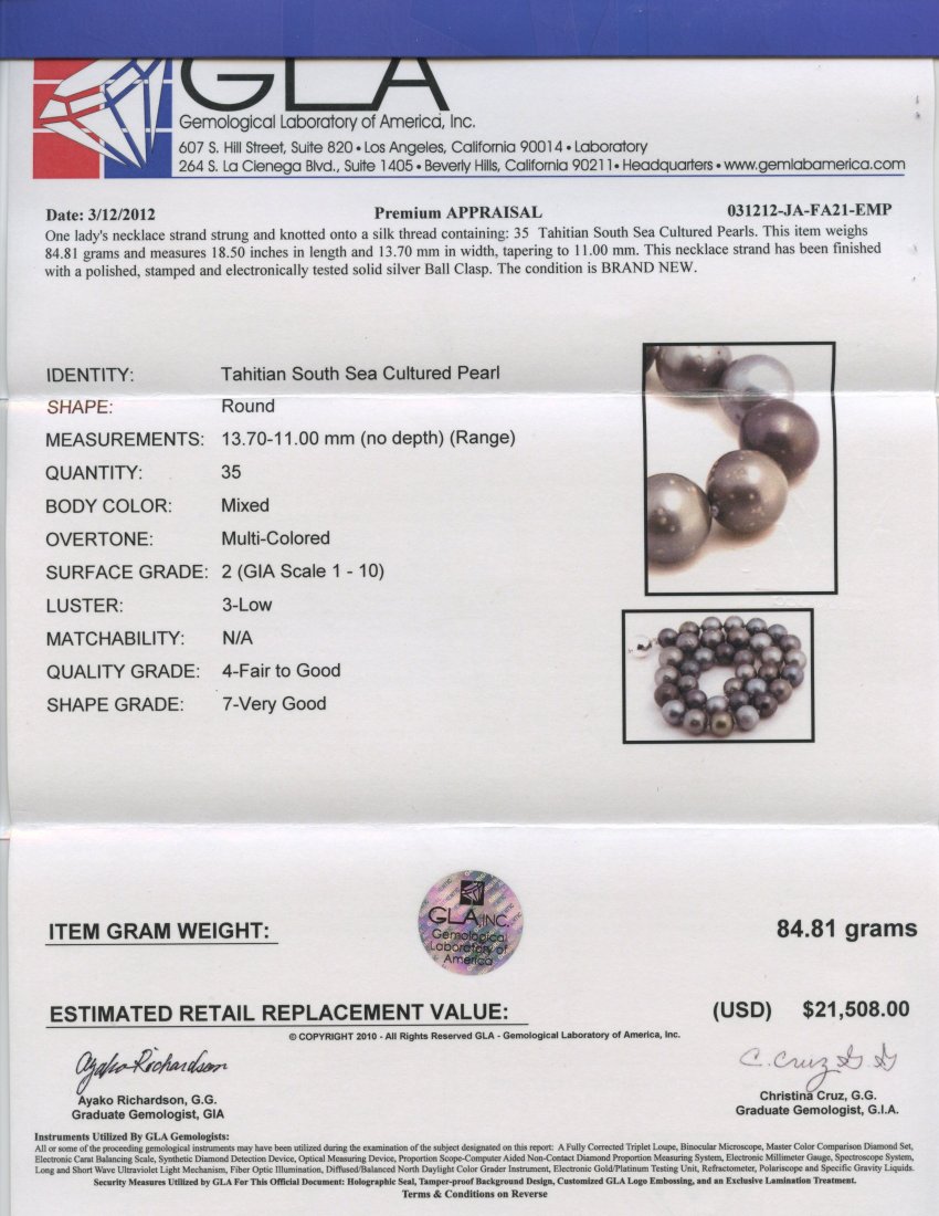 Tahitian South Sea Pearls Necklace AV: $21,508 - 2